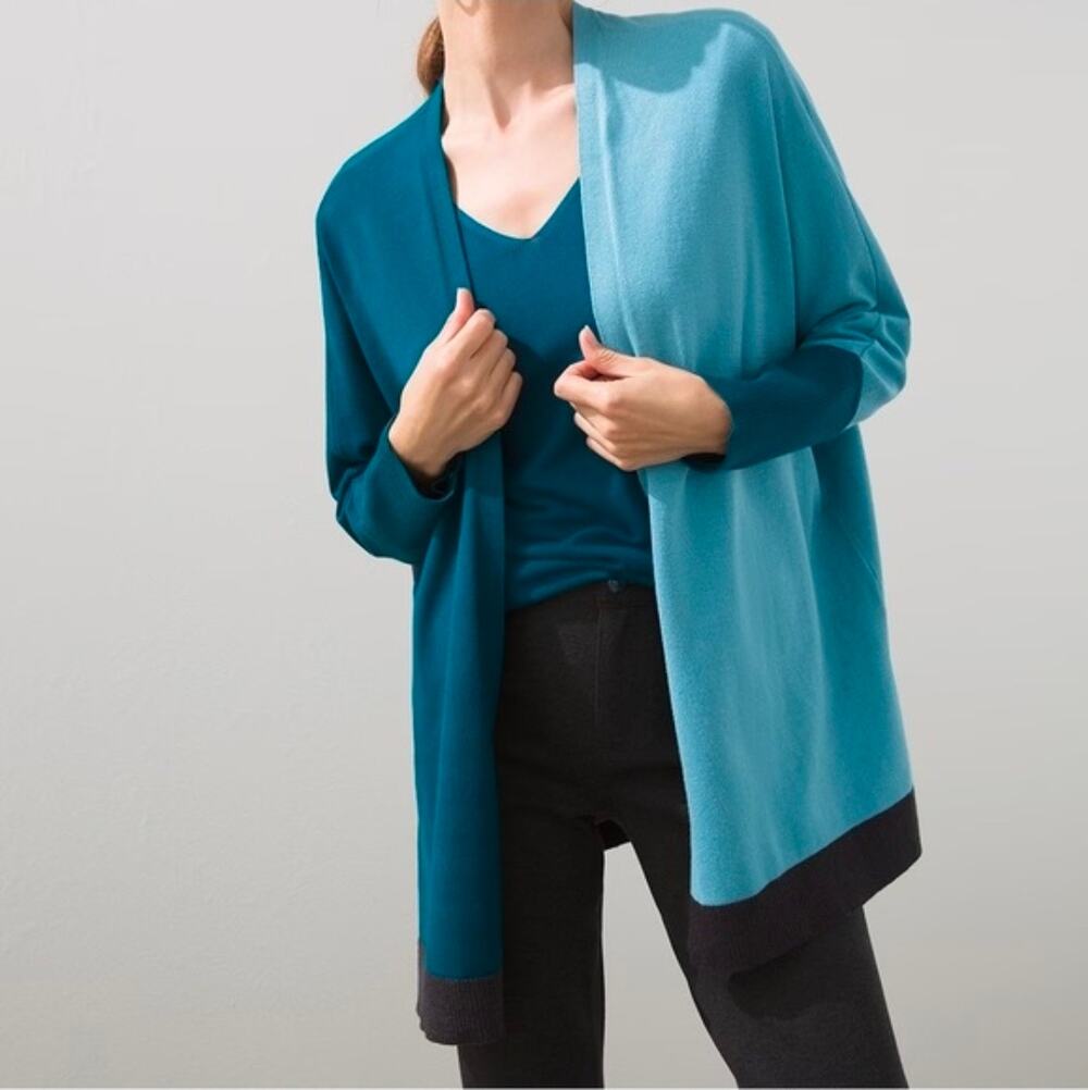 Chico's Open Front Colorblock Cardigan Blue, Teal, Gray Women's L/XL